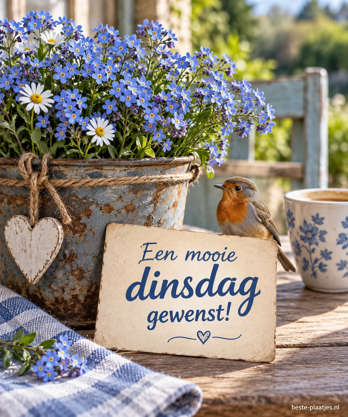 Blauwe en witte bloemen staan in een verweerde pot naast een roodborstje. Blauwe en witte bloemen staan in een verweerde pot naast een roodborstje.