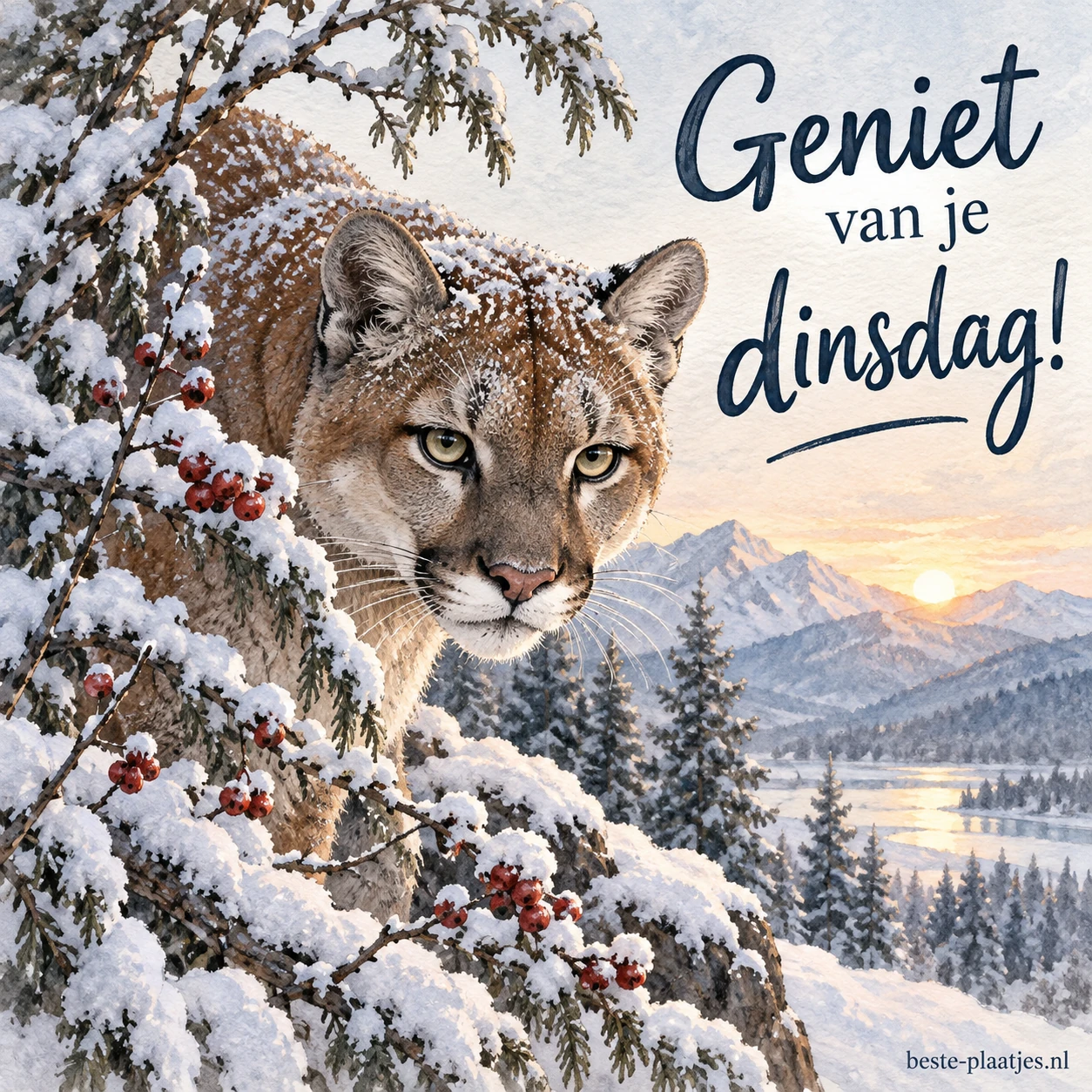 Een grote katachtige kijkt tussen besneeuwde takken uit over de winterbergen. Een grote katachtige kijkt tussen besneeuwde takken uit over de winterbergen.