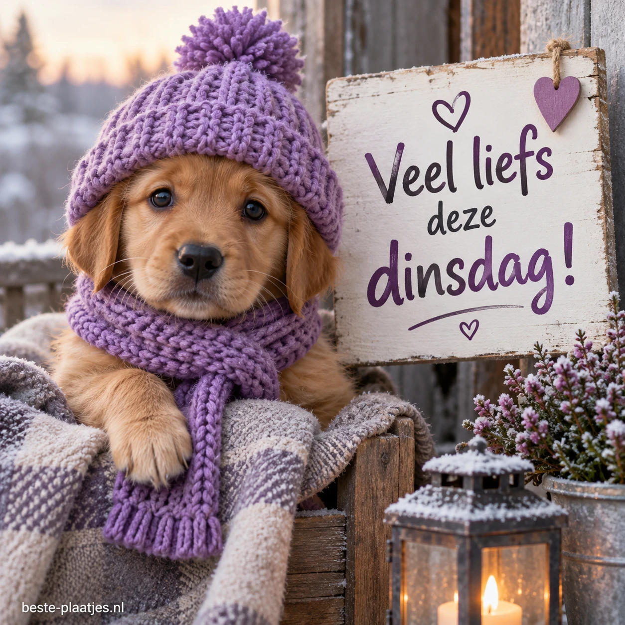 Een puppy met een paarse gebreide muts en sjaal zit bij een besneeuwd raam. Een puppy met een paarse gebreide muts en sjaal zit bij een besneeuwd raam.
