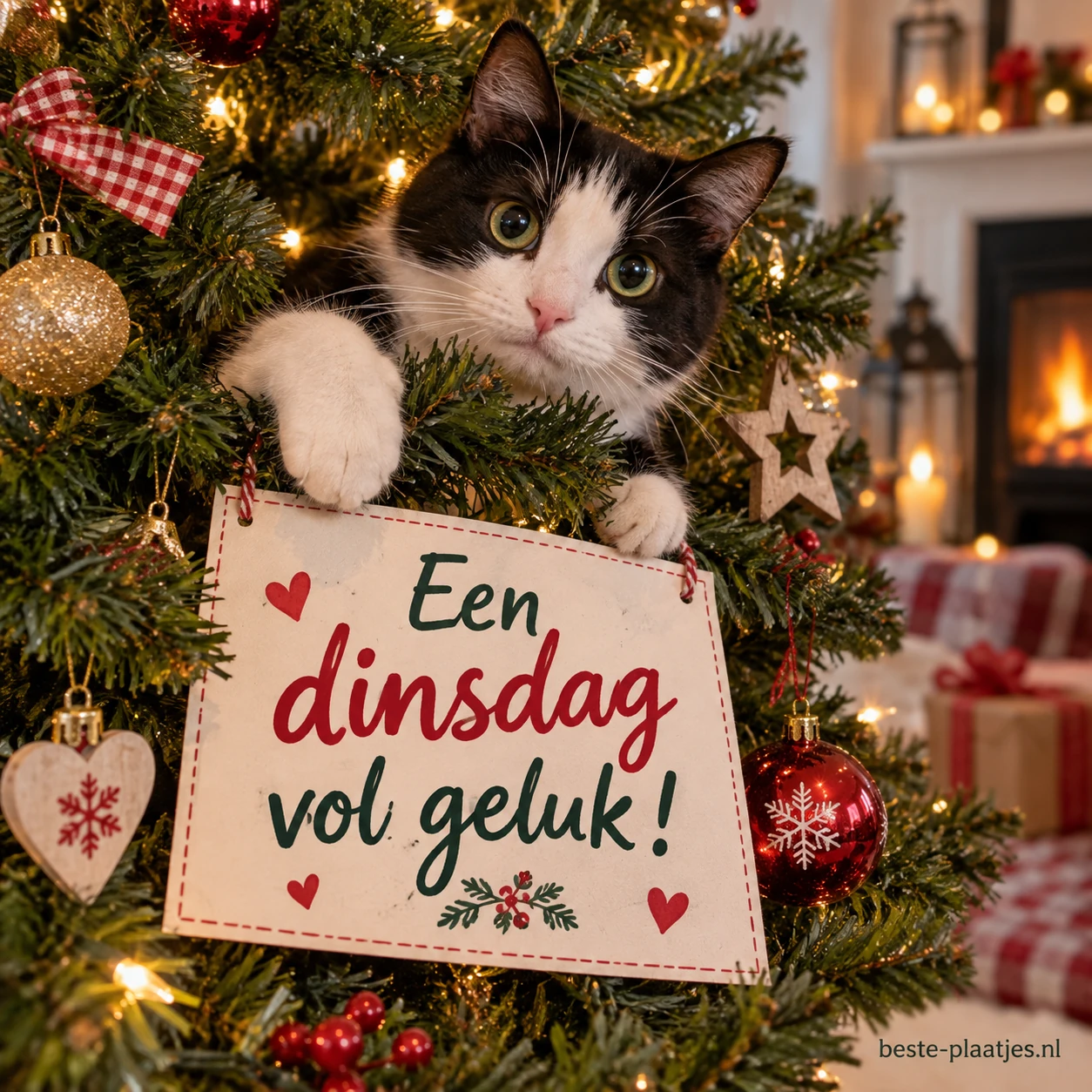 Zwart-witte kat zit in een versierde kerstboom. Zwart-witte kat zit in een versierde kerstboom.