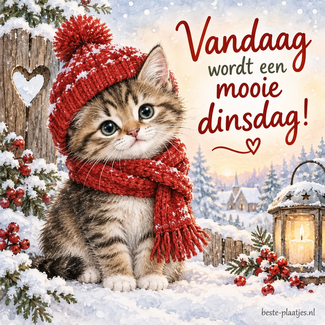 Schattige kitten draagt een rode wintermuts en sjaal, omringd door sneeuw en parels. Schattige kitten draagt een rode wintermuts en sjaal, omringd door sneeuw en parels.