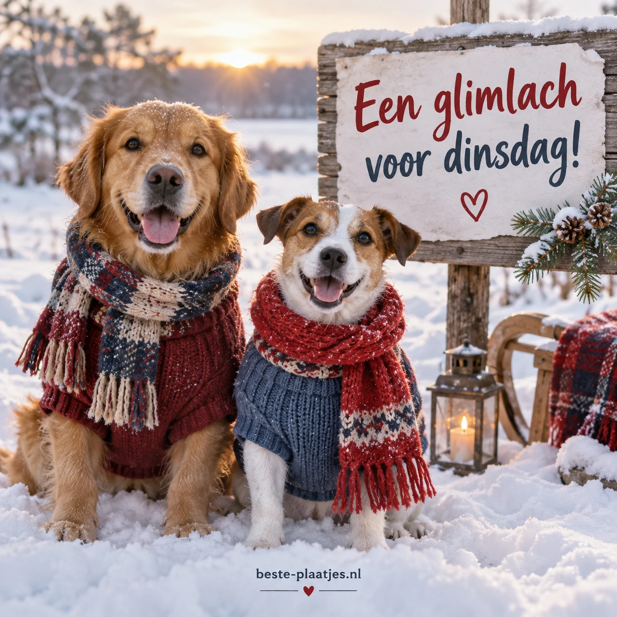 Twee honden dragen kleurrijke truien en sjaals, zittend in de sneeuw. Twee honden dragen kleurrijke truien en sjaals, zittend in de sneeuw.