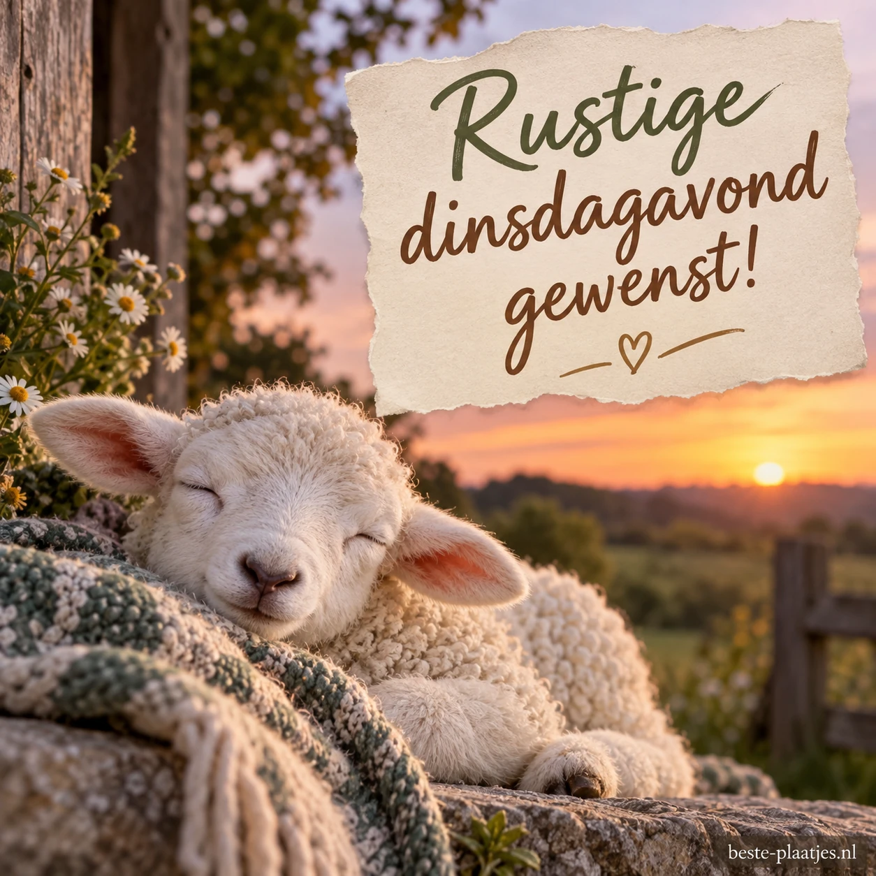 Een schattig wit lammetje kijkt ontspannen met gesloten ogen terwijl het ligt te rusten.