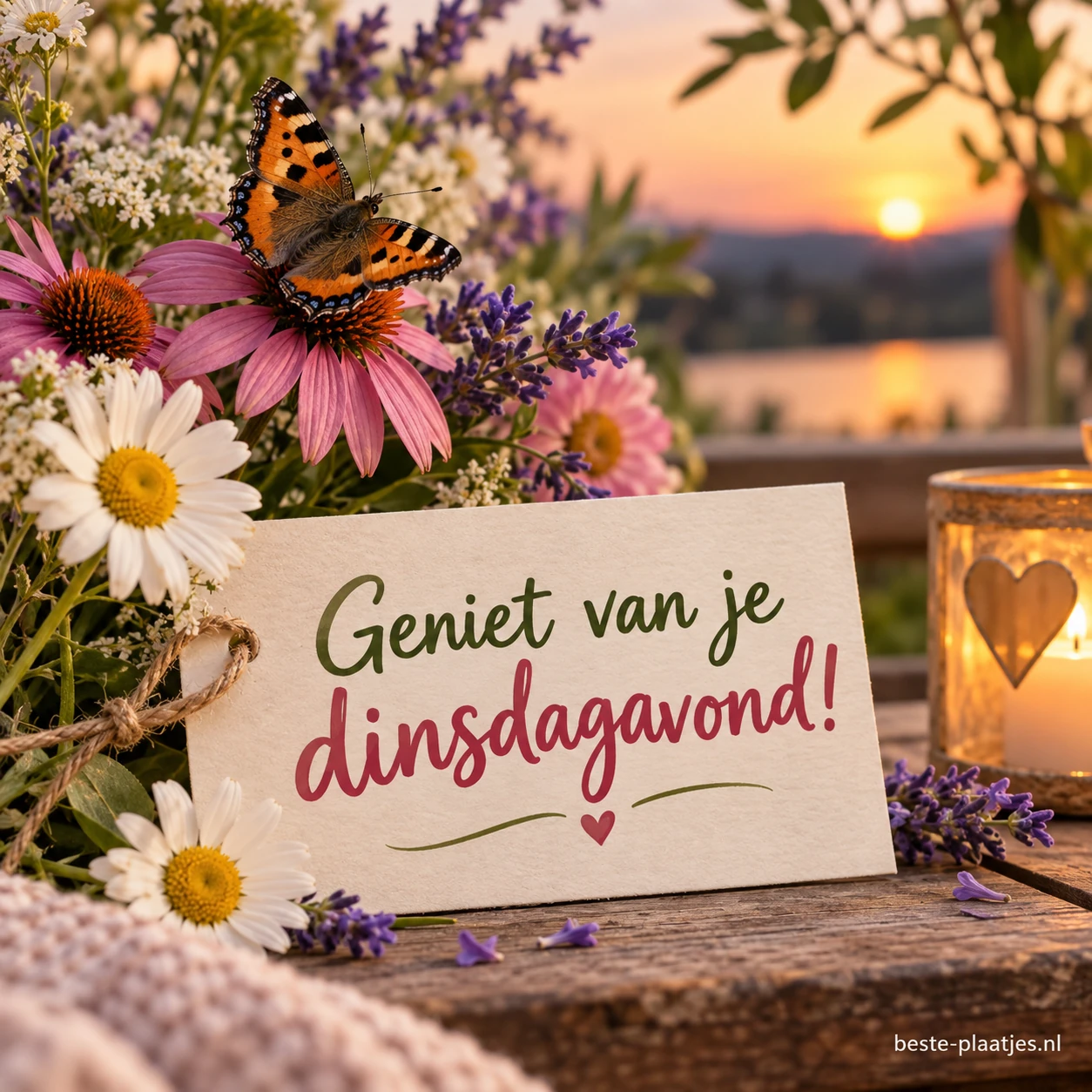 Een vlinder zit op kleurrijke bloemen bij warm avondlicht.