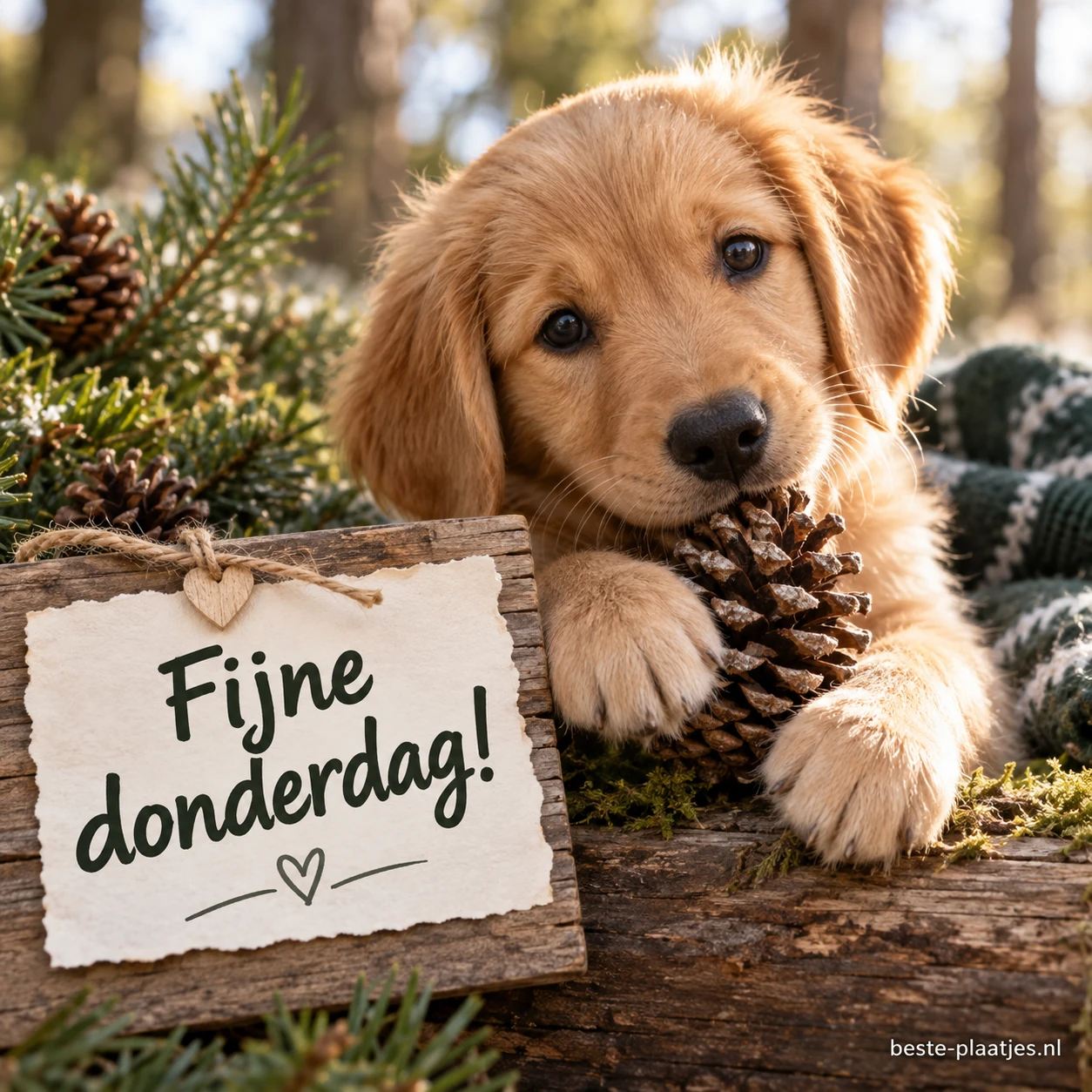 Een schattige puppy met een dennenappel.