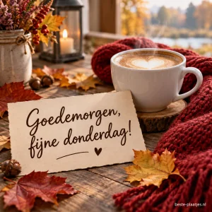Warme koffie in een witte kop met herfstbladeren en een rode sjaal op een houten tafel.