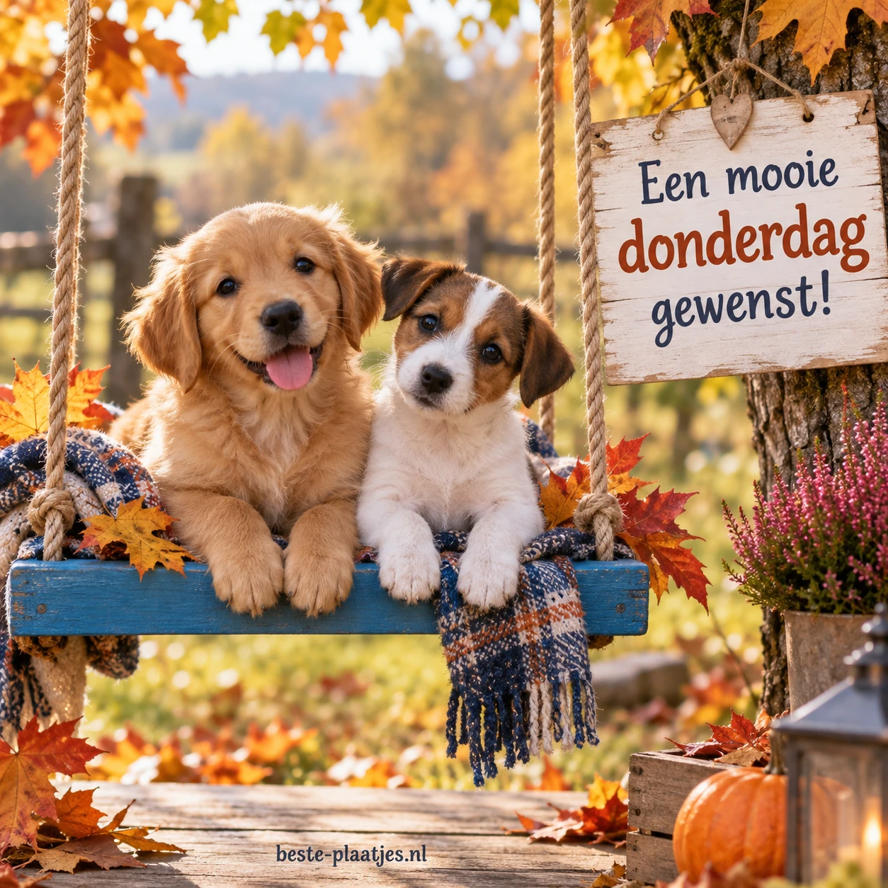 Twee schattige puppy's zitten samen op een blauwe schommel, met herfstbladeren.