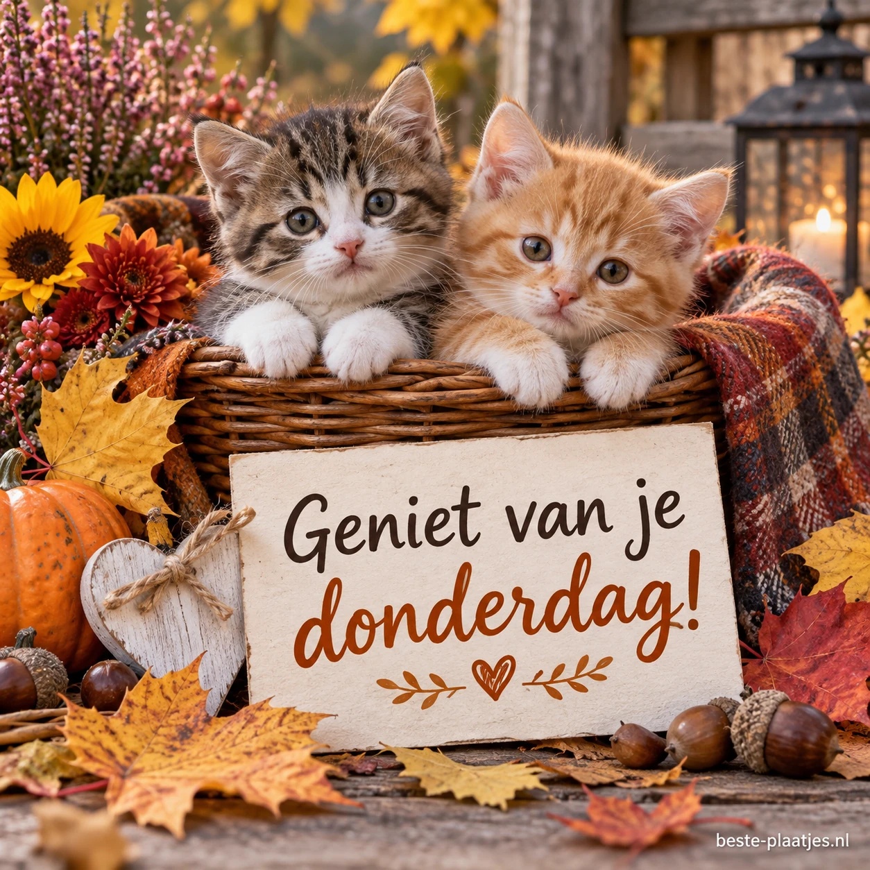 Wat een warme herfstsfeer met die twee schattige kittens.