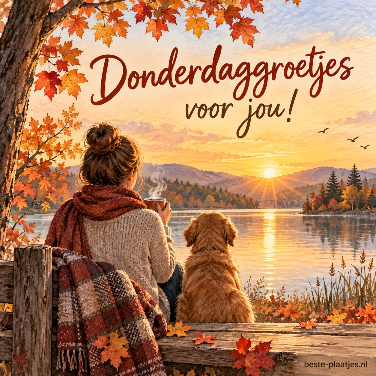 Zonsopgang achter herfstbladeren aan een meer.