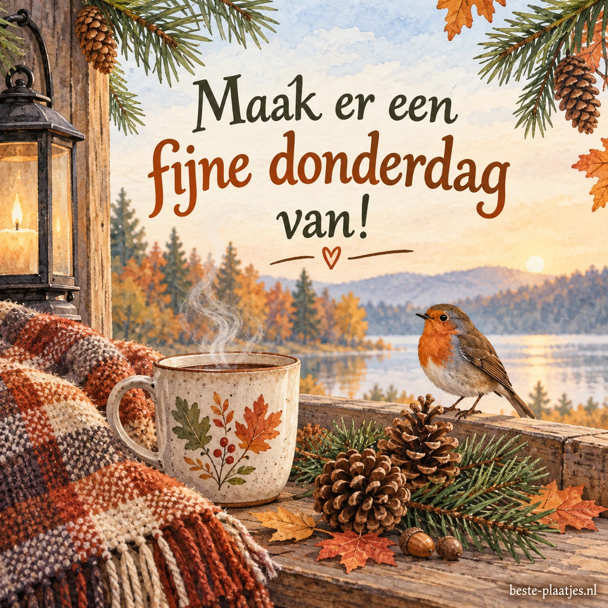 Geniet van deze mooie herfstdag en een prettige donderdag met dennentak en dennenappels.