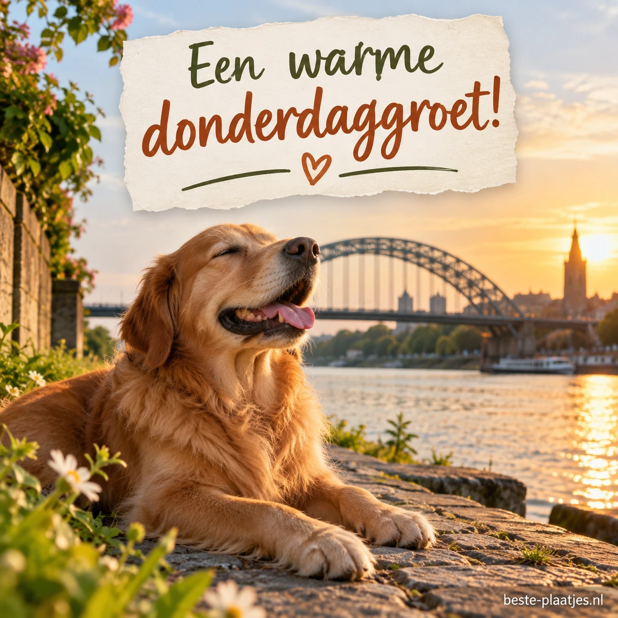 Hond geniet van de zon met een brug op de achtergrond.