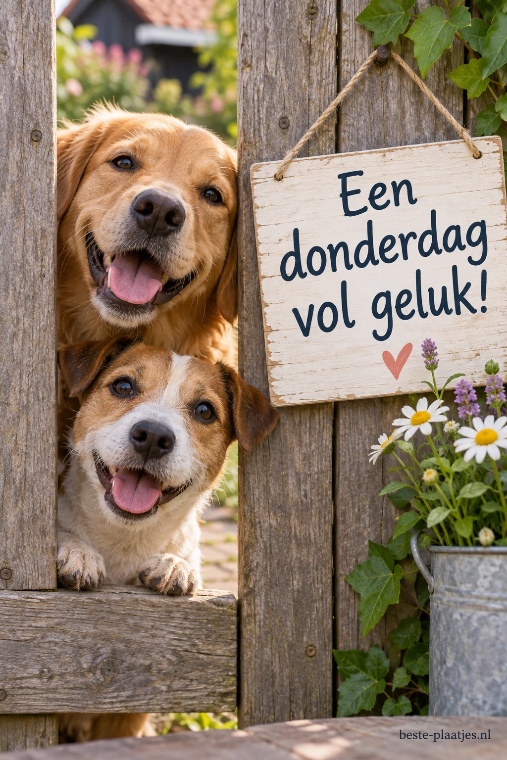 Twee honden gluren door een houten hek, de ene boven de andere, met een vrolijke glimlach.