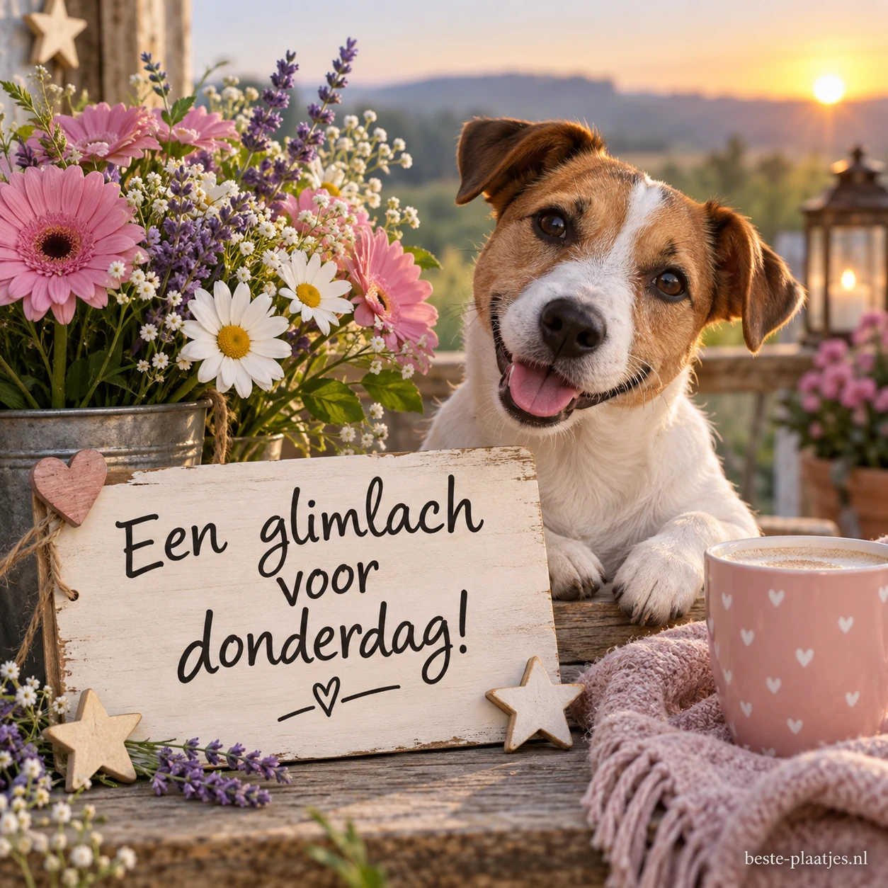 Een puppy kijkt over een bord met een donderdagwens naast een roze mok en een vaas bloemen.