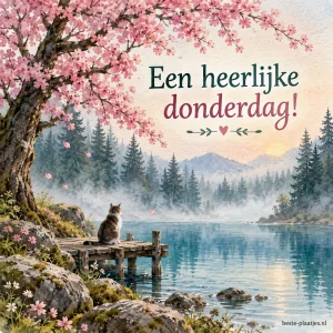 Een roze bloeiende boom bij mistig bos en blauwe vijver.