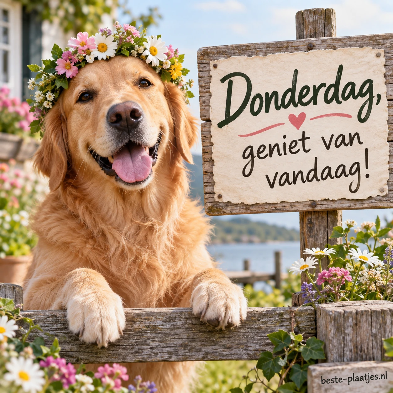 Een blije hond met een bloemenkrans zit achter een houten hek.