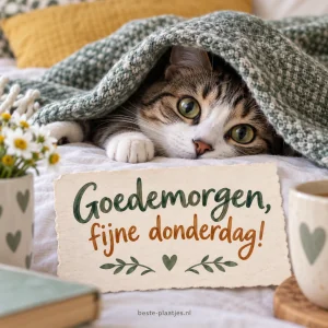 Een kat kijkt nieuwsgierig onder een deken uit.