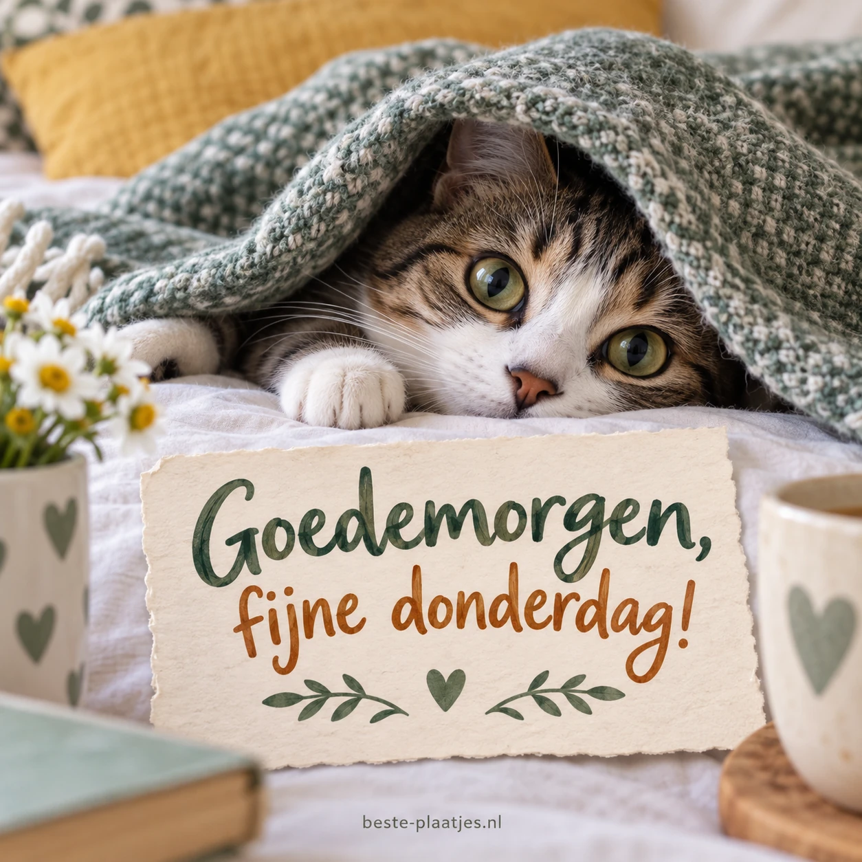 Een kat kijkt nieuwsgierig onder een deken uit.