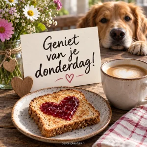 Een warme, rode ochtend met koffie en een hartje op je brood.