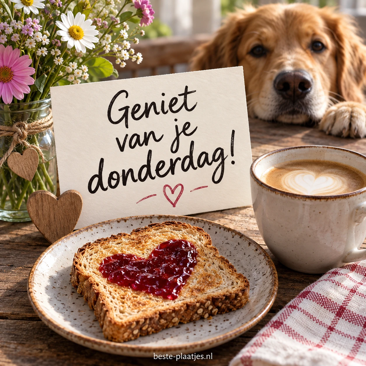 Een warme, rode ochtend met koffie en een hartje op je brood.