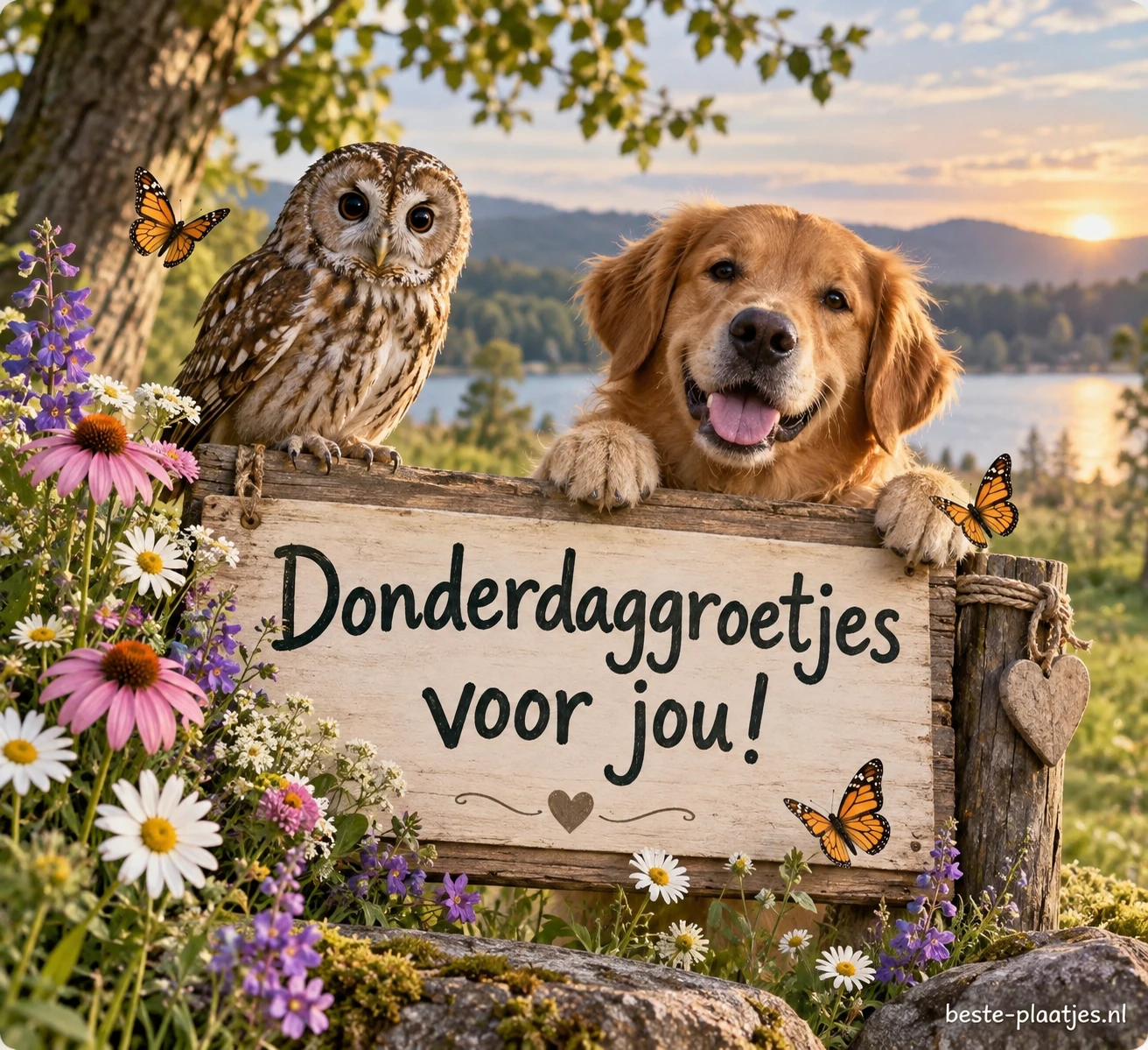 Een uil en een hond zitten achter een houten bord, omringd door bloemen.