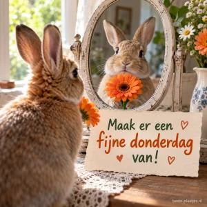 Een konijn met een oranje bloem kijkt in een spiegel.