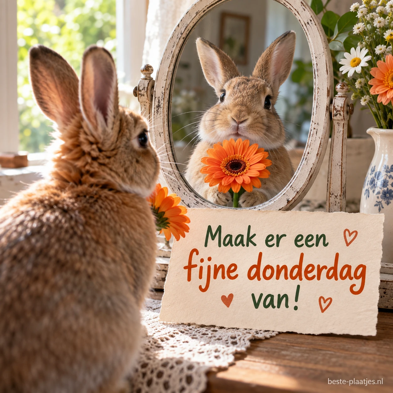 Een konijn met een oranje bloem kijkt in een spiegel.