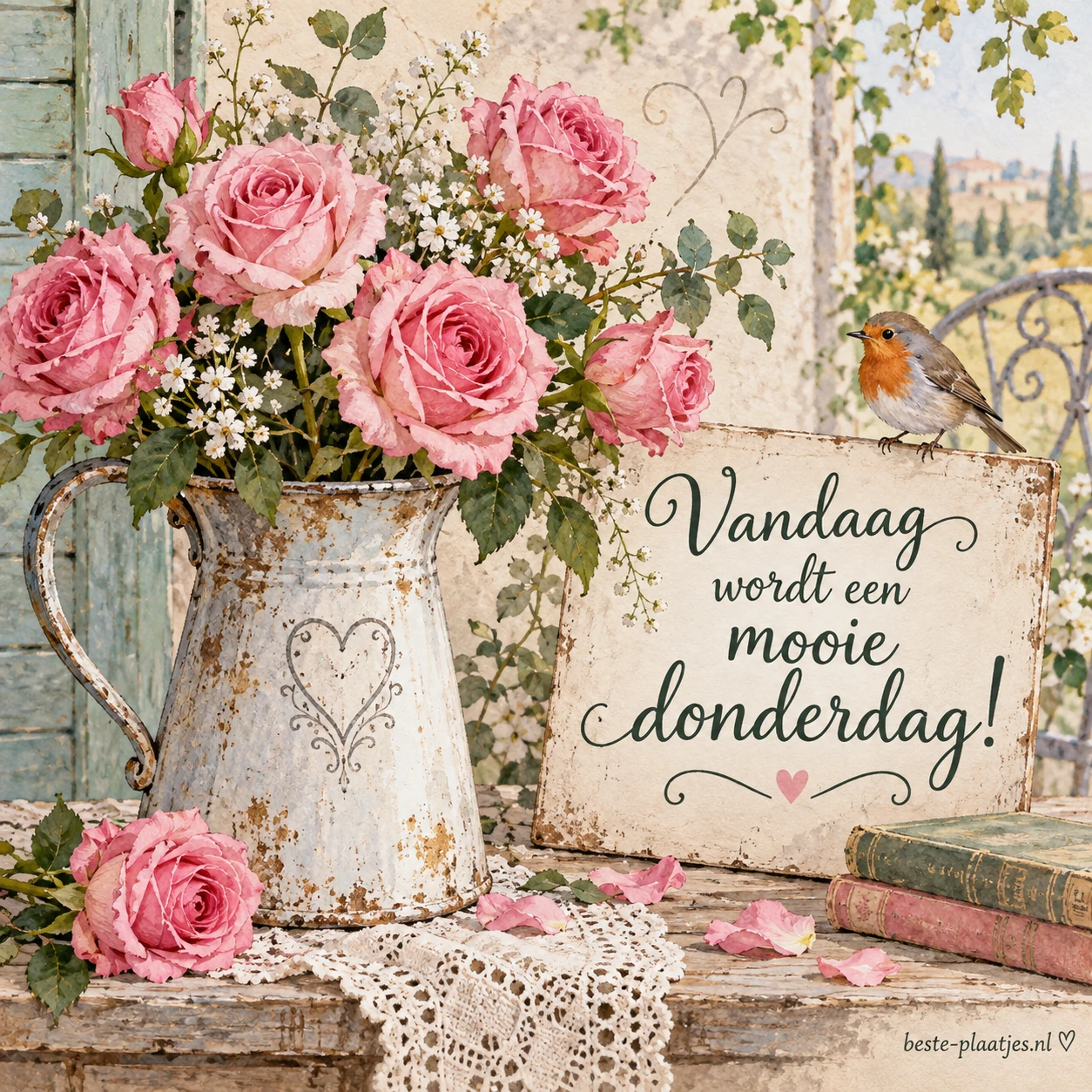 Zachtroze rozen met een romantische, rustieke charme.