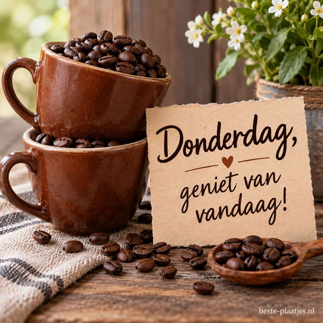 Twee stapels bruine kopjes gevuld met koffiebonen.