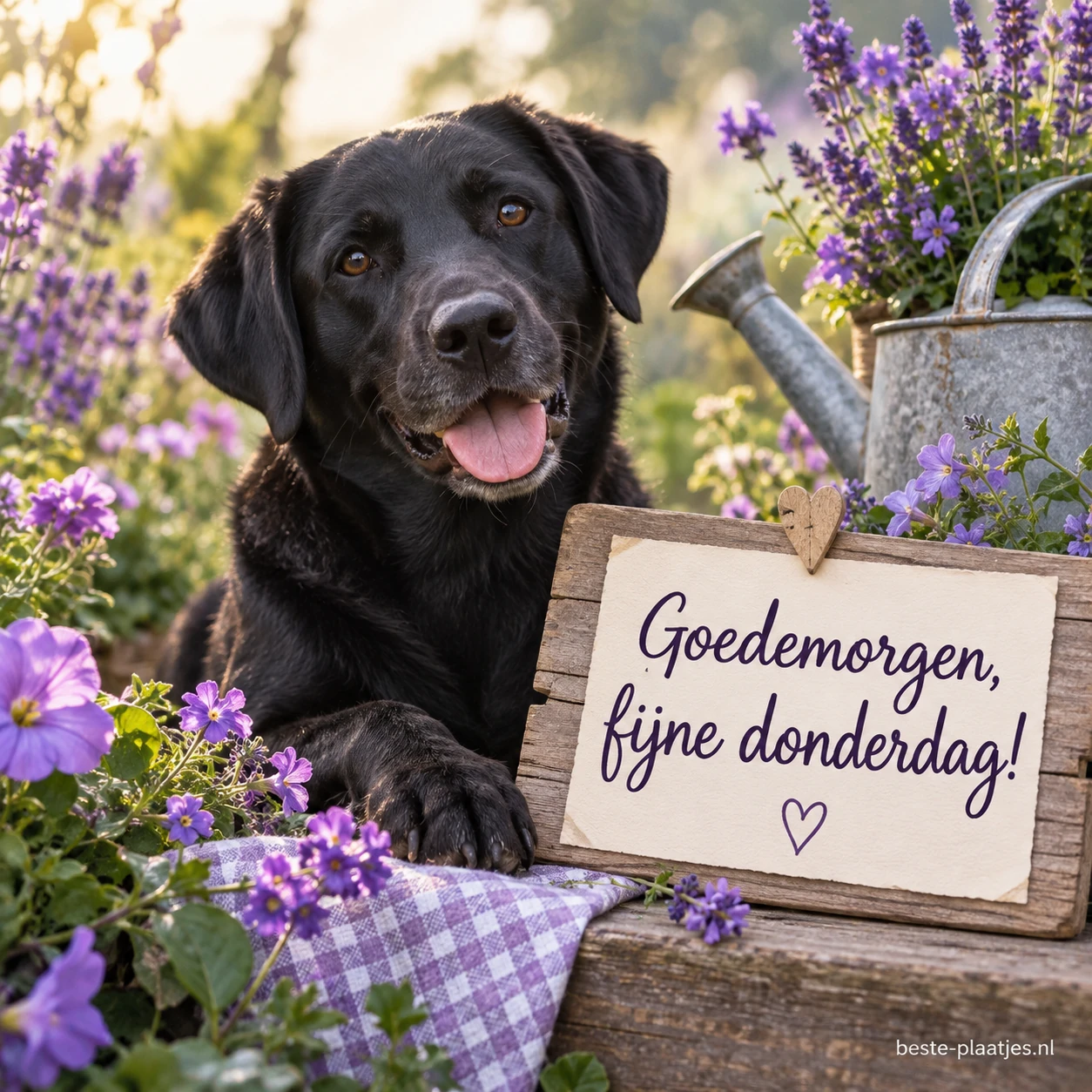 Een zwarte hond zit tussen paarse bloemen.