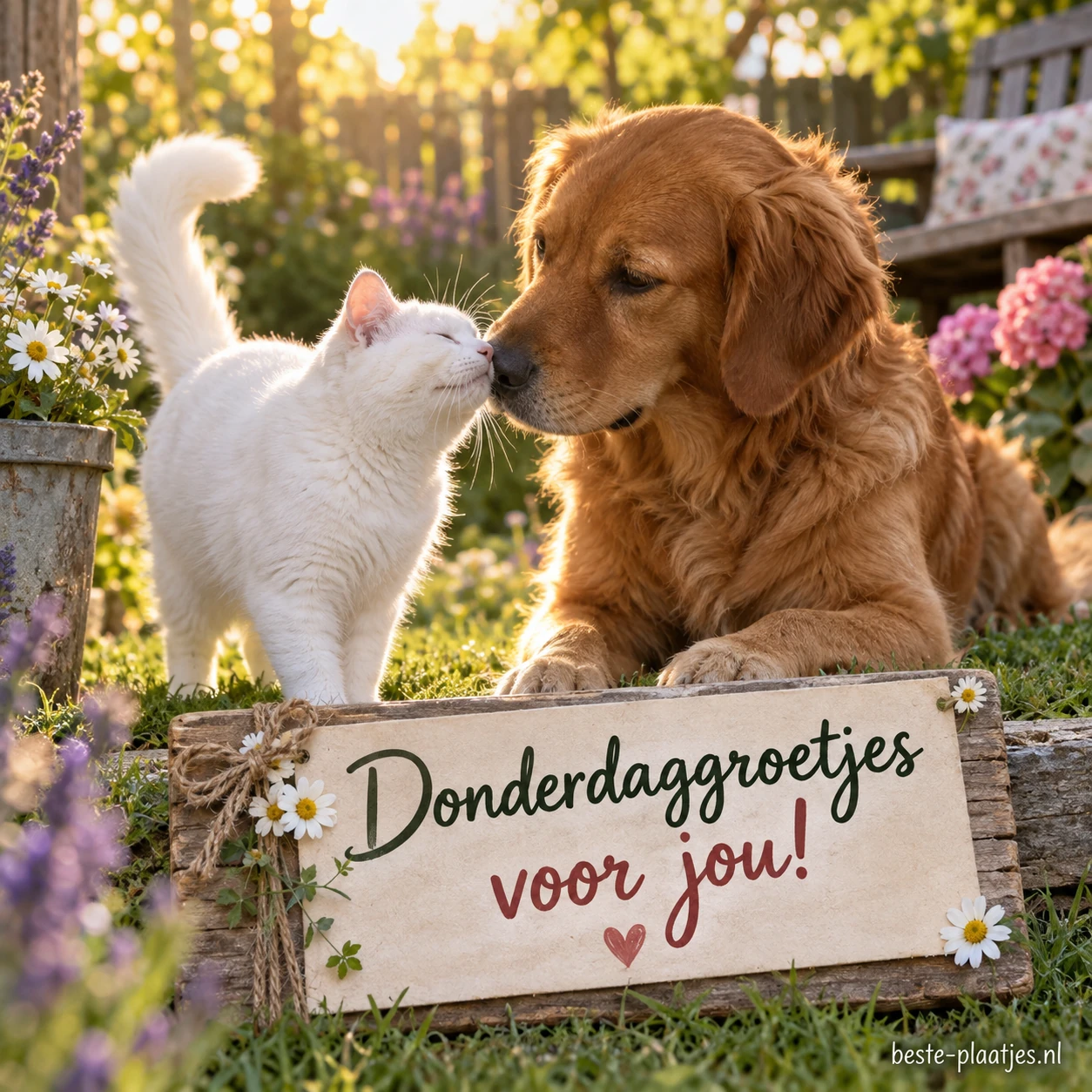 Een witte kat en een bruine hond snuffelen liefdevol aan elkaar in een zonovergoten tuin. Fijne donderdag!.