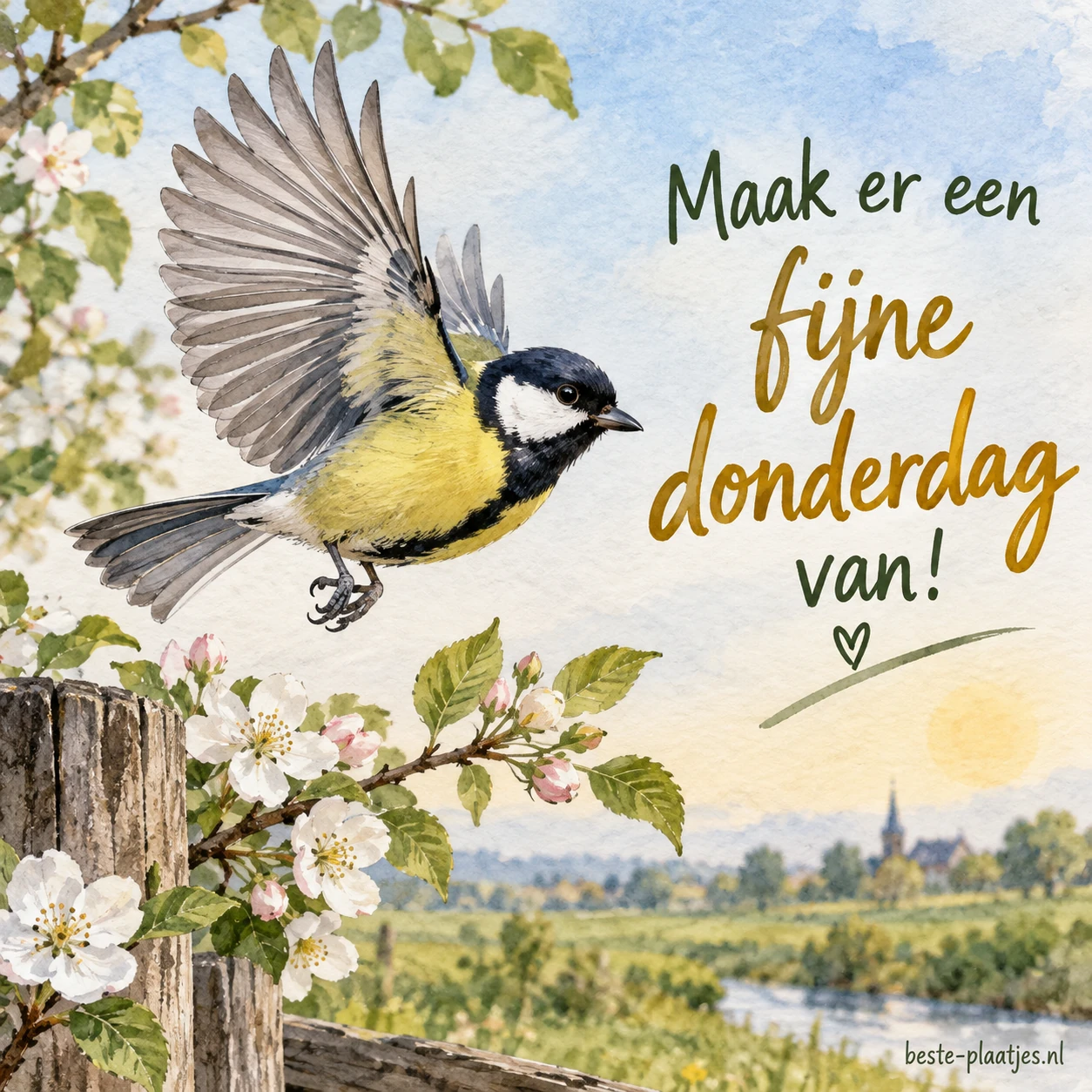 Prachtige koolmees met wapperende vleugels, vol verwachting voor de vrije dagen.