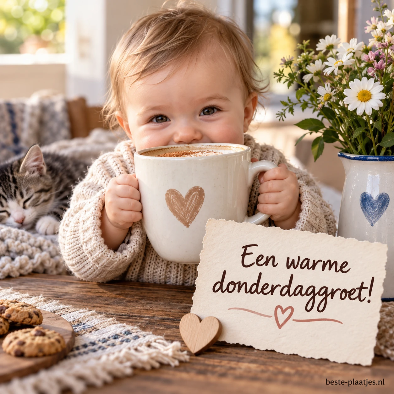 Een klein kind houdt een grote witte mok met een hart vast.