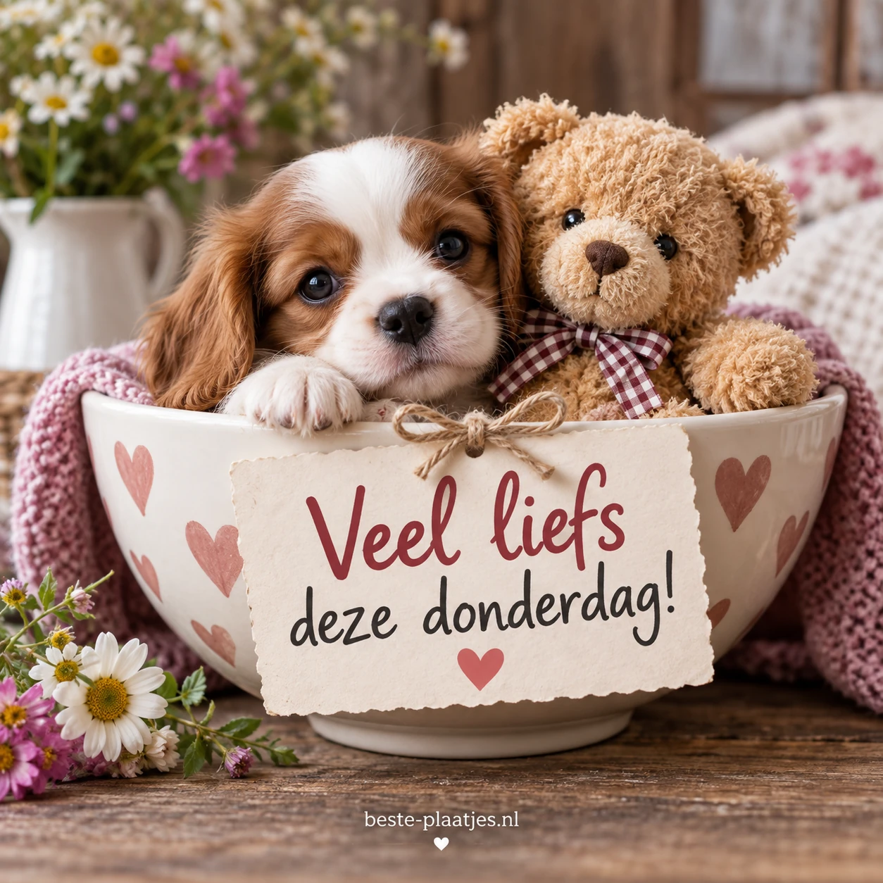 Een puppy in een kom met een teddybeer.