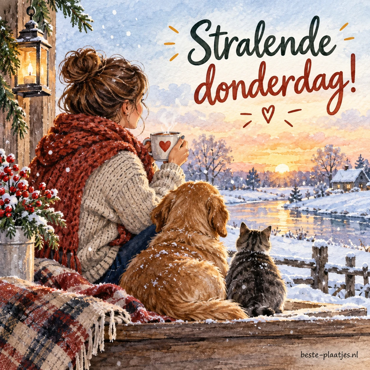 Een vrouw drinkt uit een mok naast een hond en een kat bij een besneeuwde rivier.