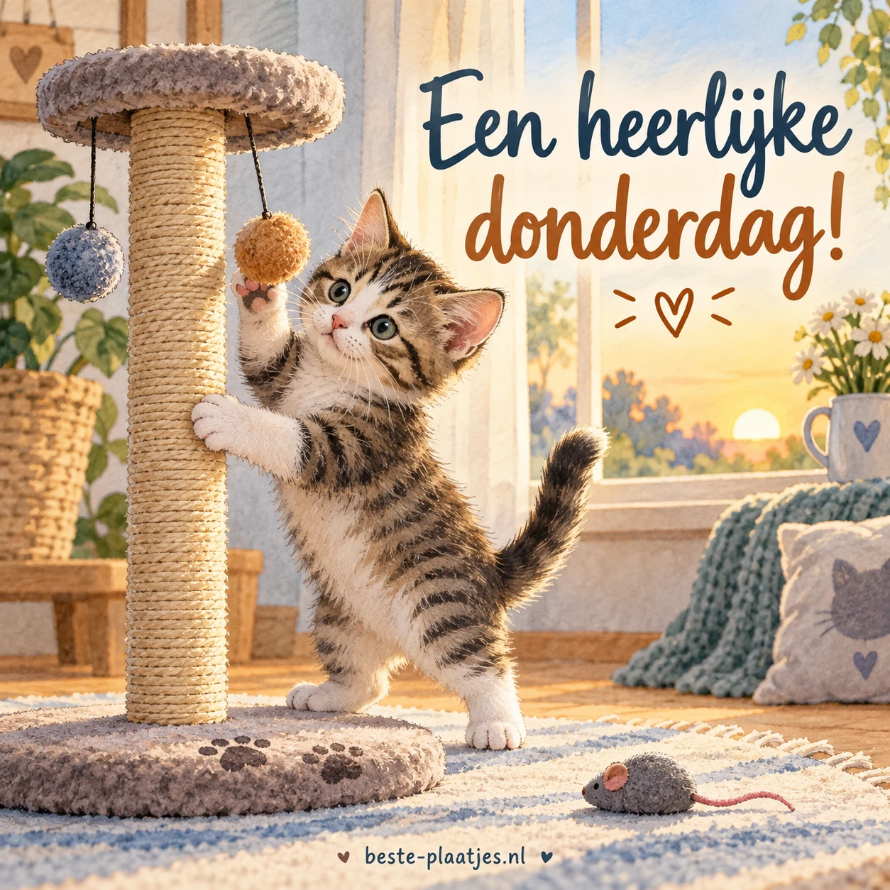 Een schattige kitten speelt vroeg in de ochtend aan een krabpaal met twee hangende balletjes.