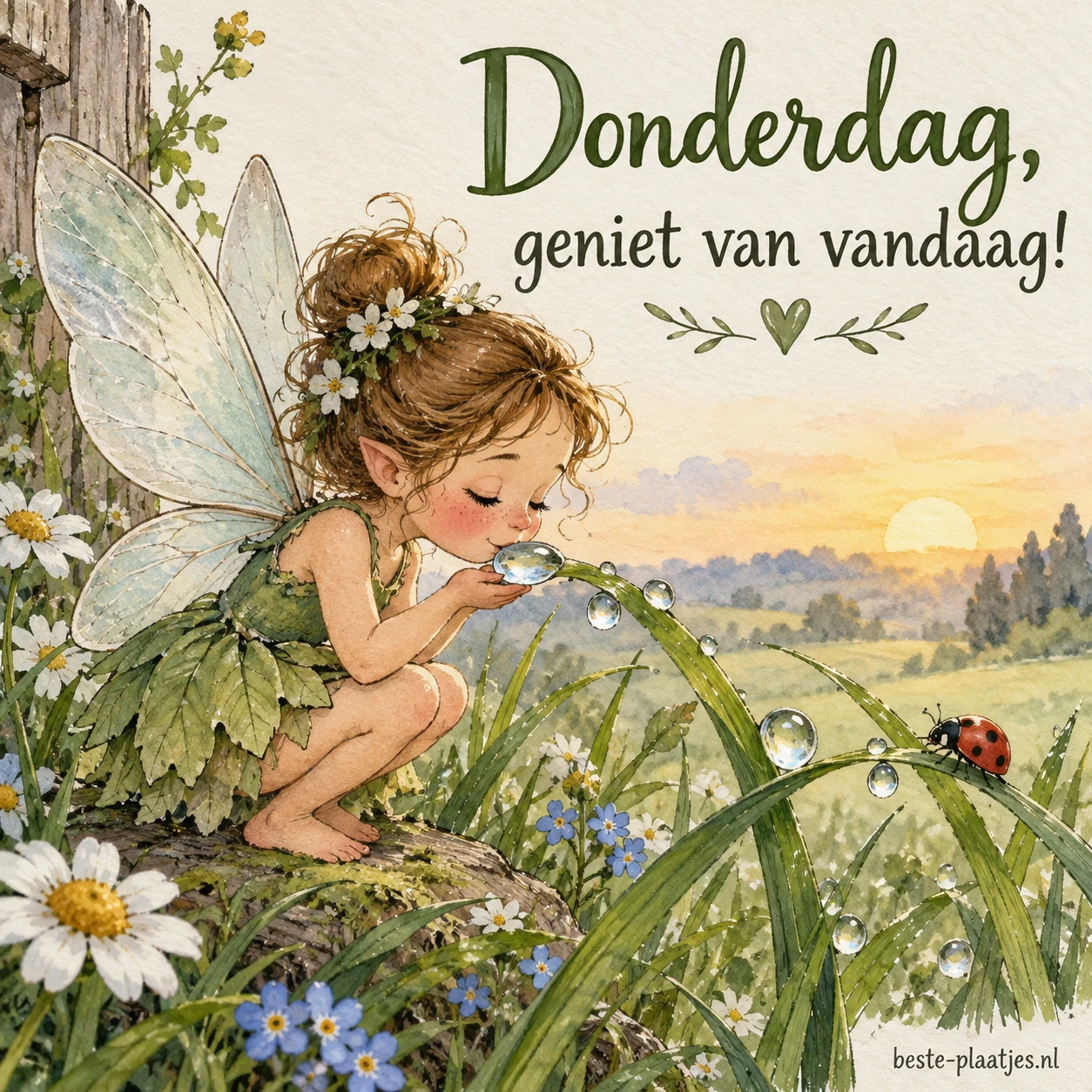 Een lief elfje snoept dauwdruppels van gras.