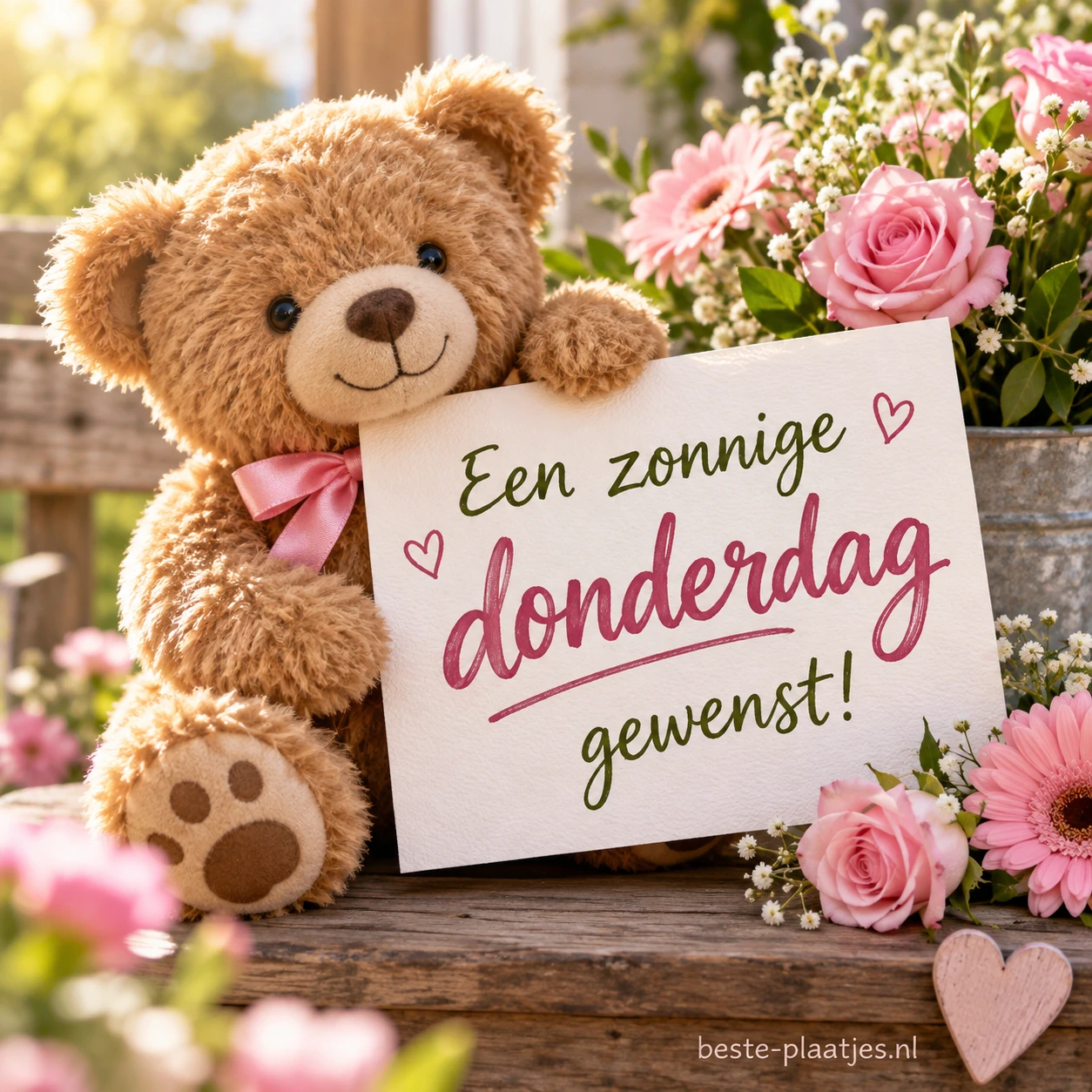 Een schattig knuffelbeerfiguurtje met roze bloemen.
