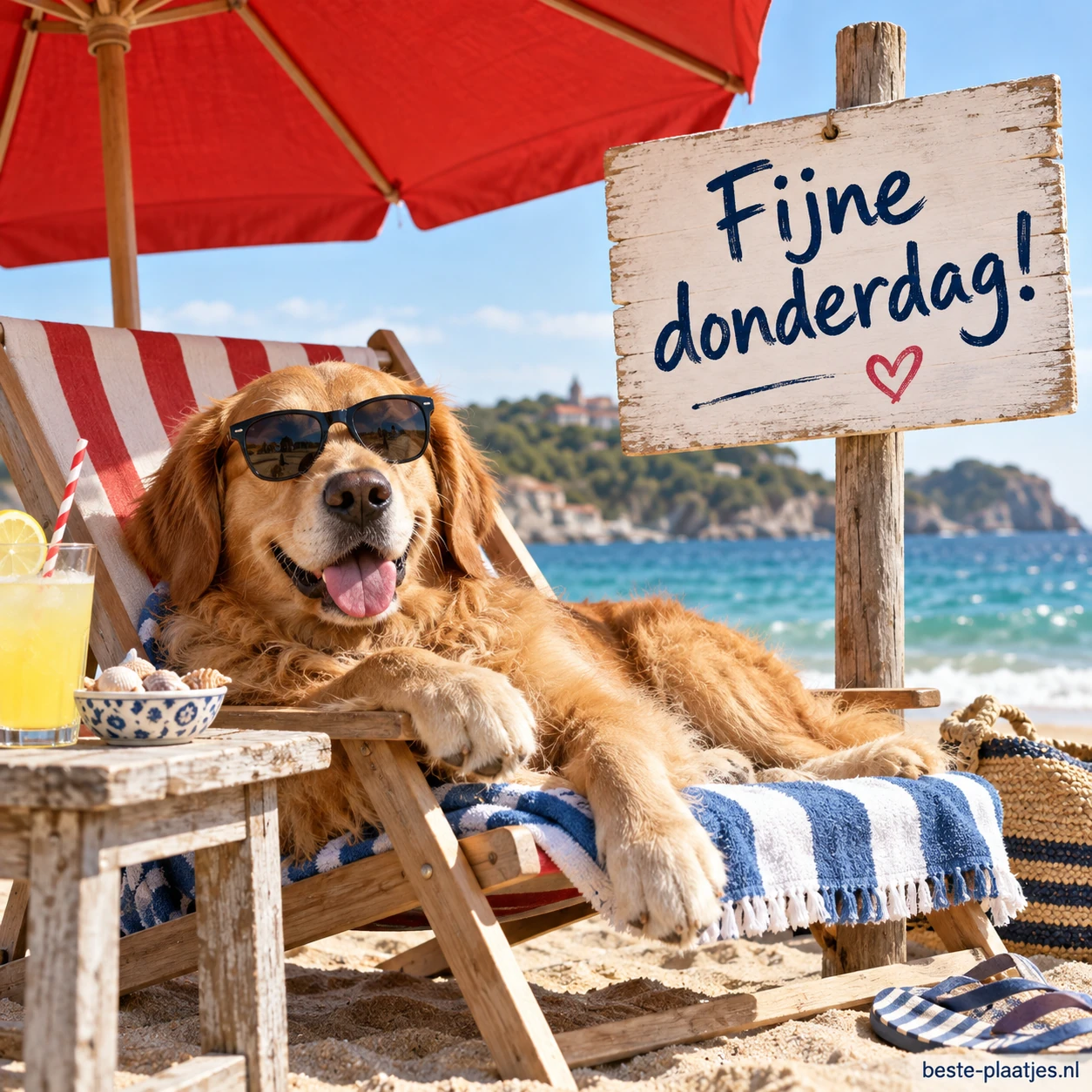 Een hond met zonnebril ligt onder een rode parasol op een strandstoel.
