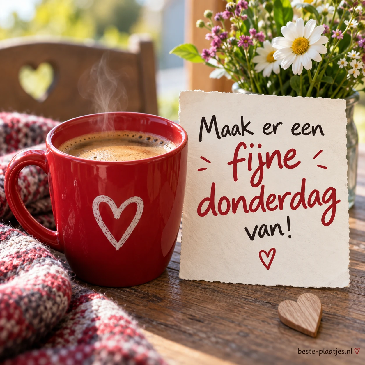 Een rode mok met een wit hart staat naast een bord met een donderdagwens en een vaas bloemen.