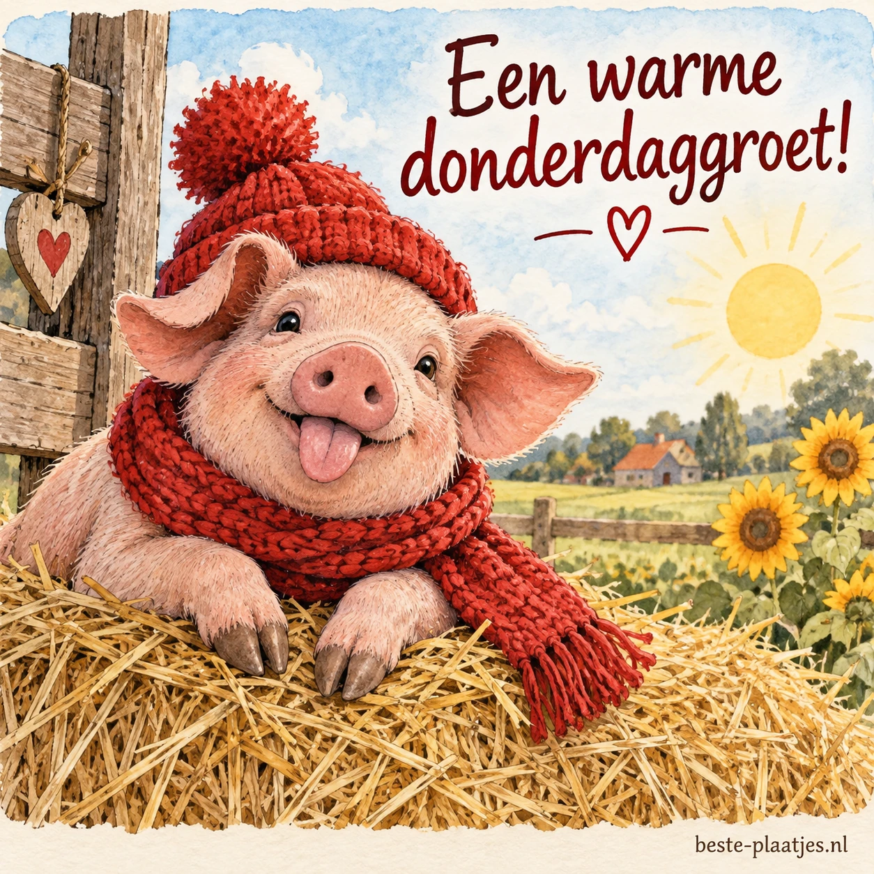Een varken met een rode muts en sjaal steekt zijn tong uit boven een baal hooi.