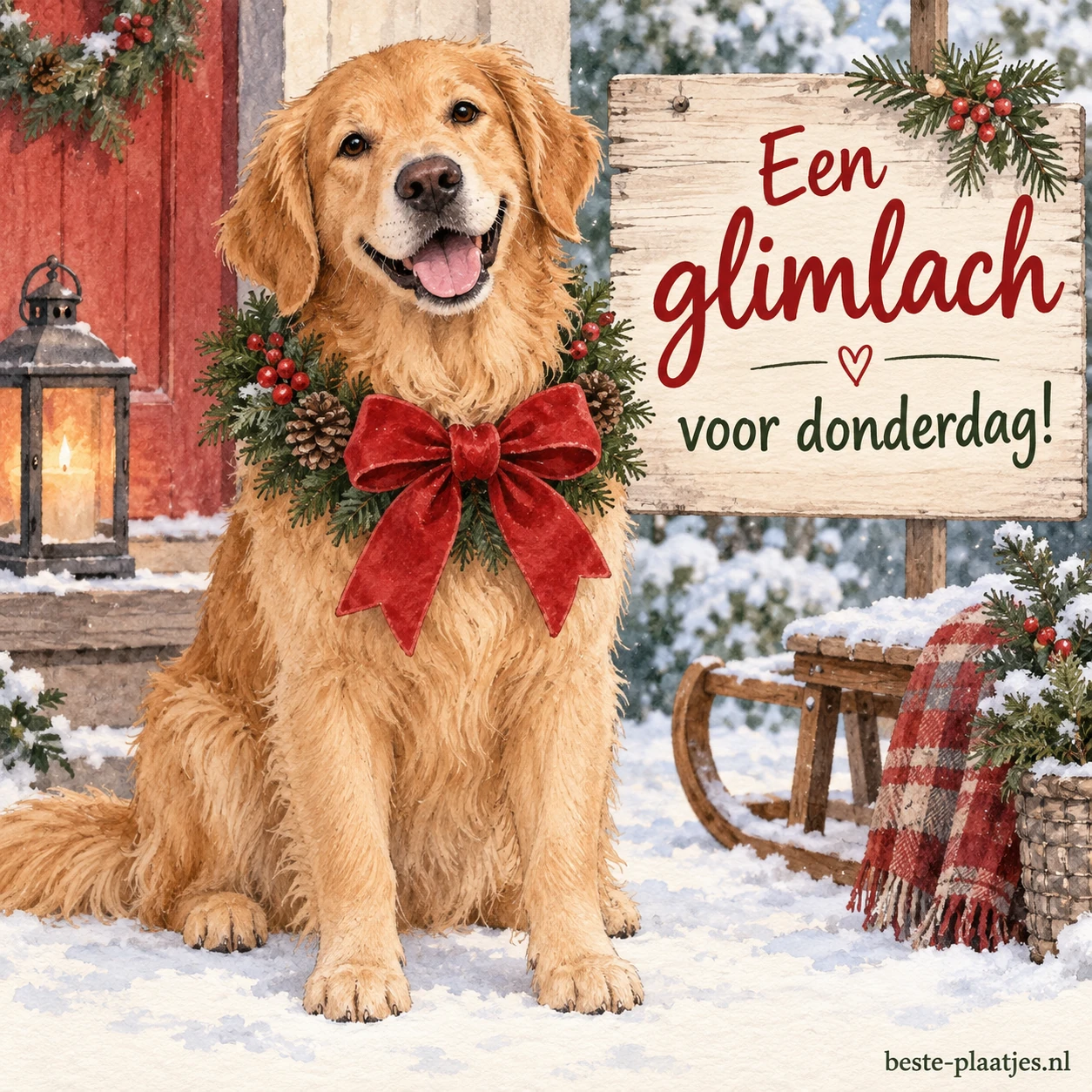 Een golden retriever met een kerstkrans en grote rode strik om de nek.