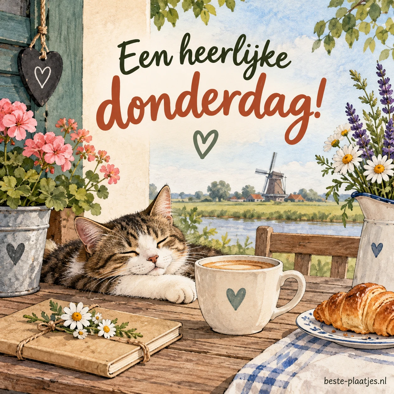 Een kat slaapt naast een croissant en een mok bij een raam met uitzicht op het platteland.