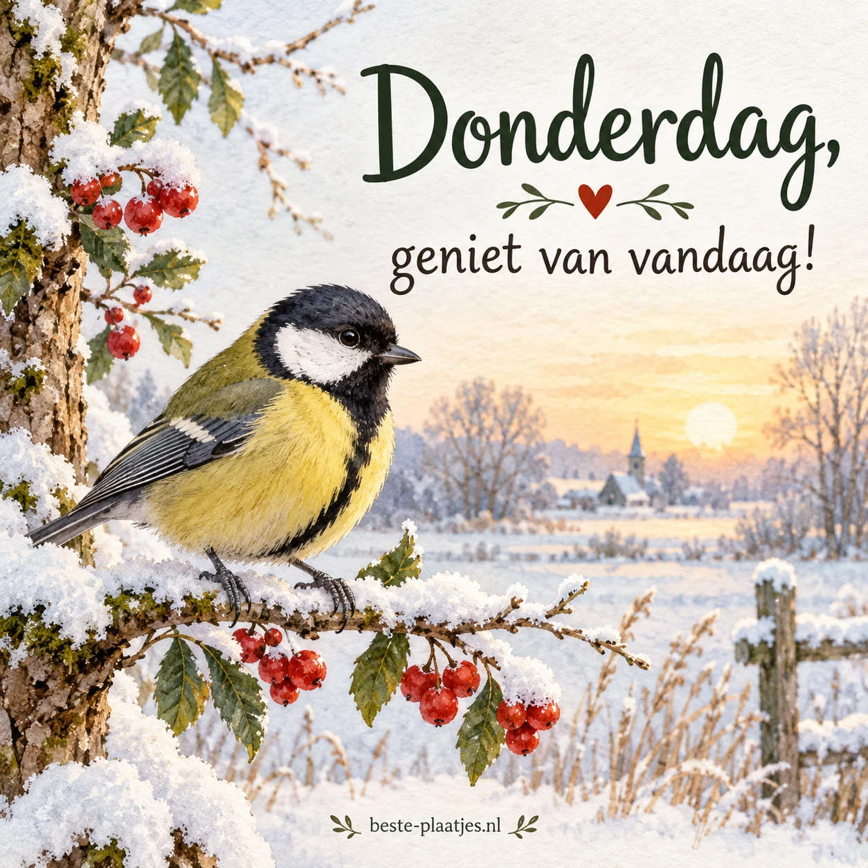 Een koolmees zit op een besneeuwde tak met rode bessen.