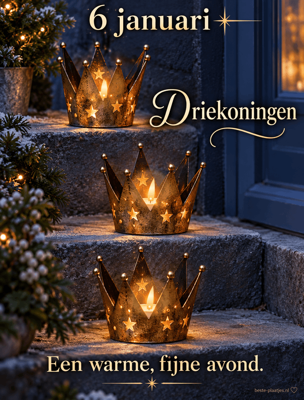 Drie kronen met bewegende kaarsvlammen brengen een warme avondgroet voor Driekoningen.