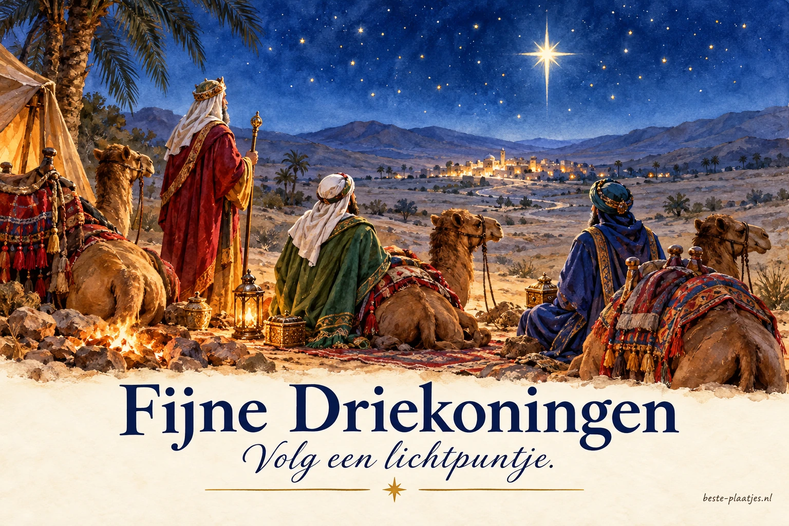 Drie wijzen en kamelen onder een sterrenhemel brengen een hoopvolle Driekoningengroet.