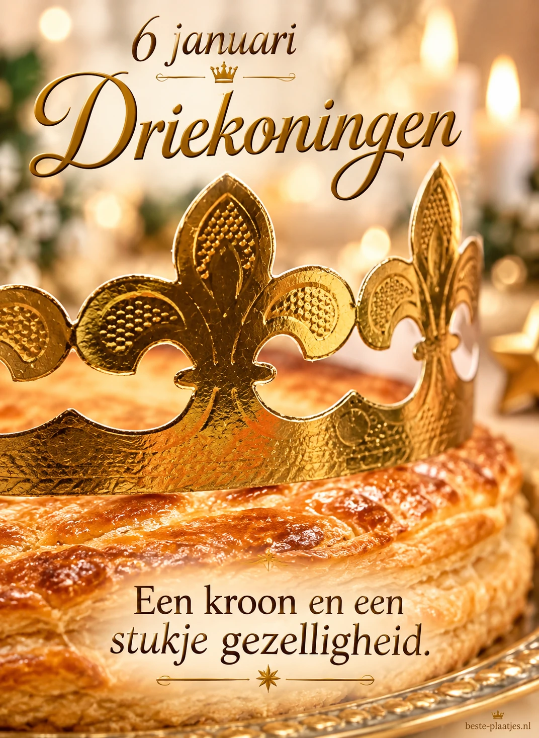 Een gouden kroon op een taart brengt een gezellige Driekoningengroet.