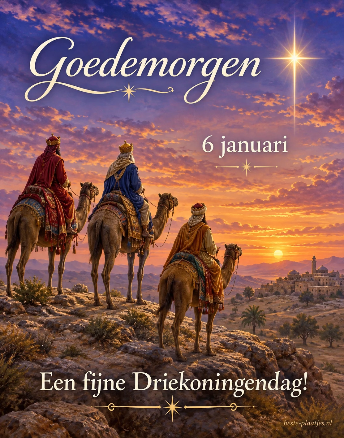 Drie wijzen op kamelen onder een heldere ster brengen een Driekoningengroet.