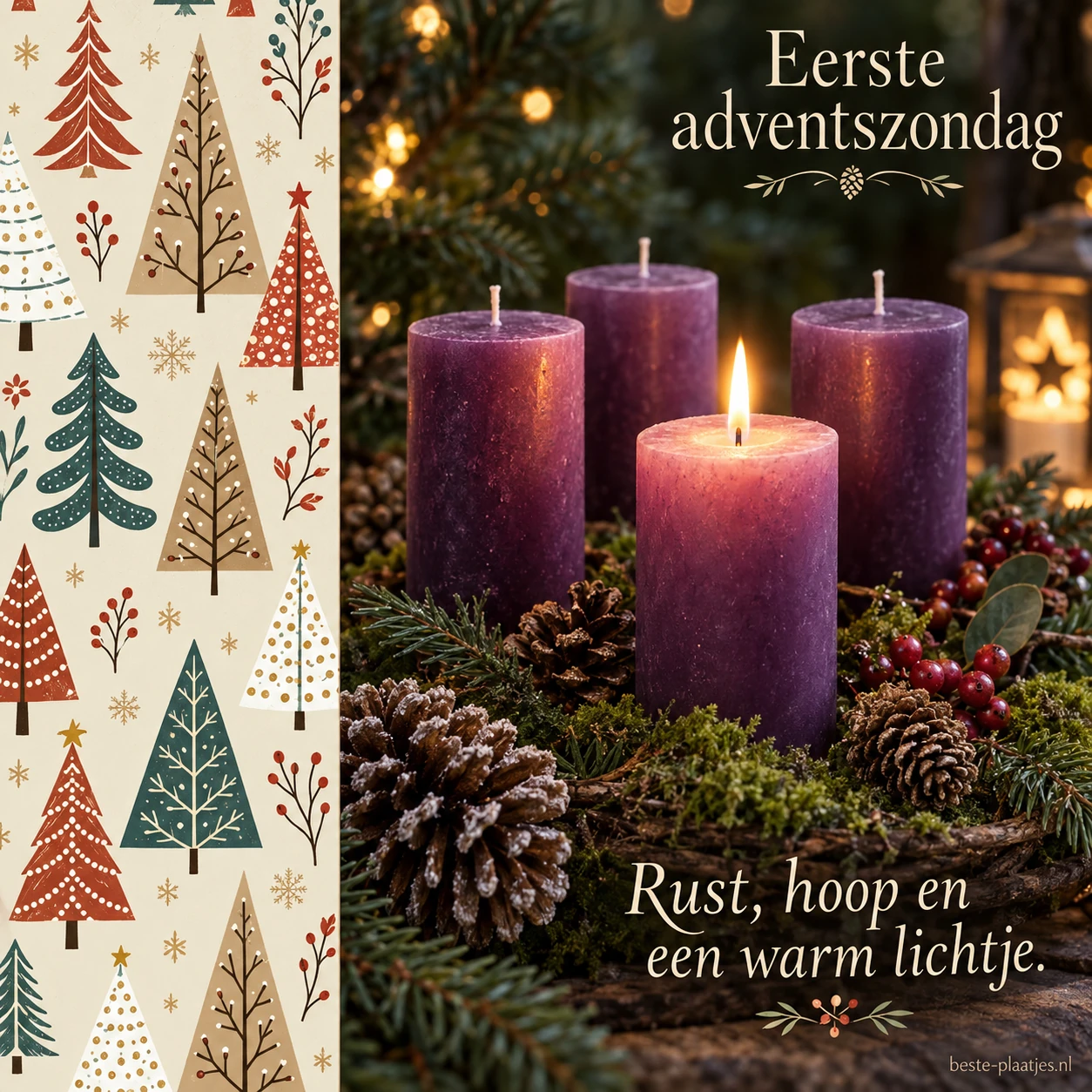 Paarse adventskaarsen op mos naast een kerstboompatroon brengen een rustige adventsgroet.