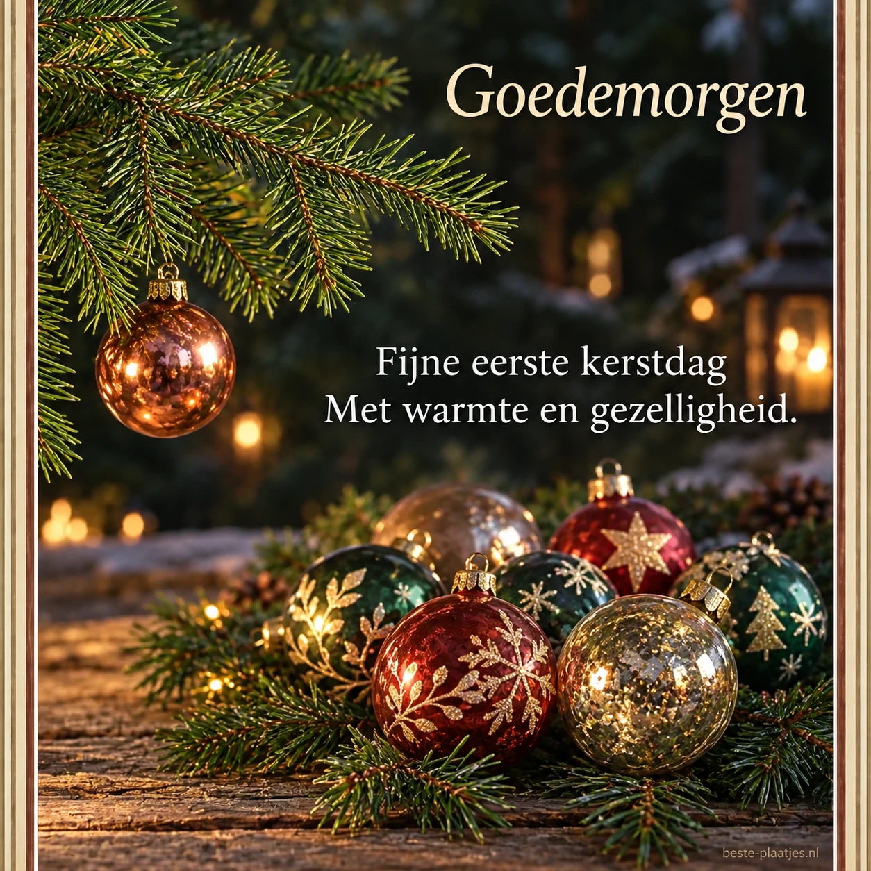 Glazen kerstballen op een houten tafel brengen een warme kerst-ochtendgroet.