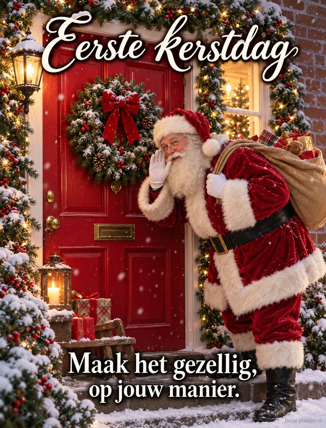 Een kerstman bij een rode deur wenst je een gezellige eerste kerstdag.